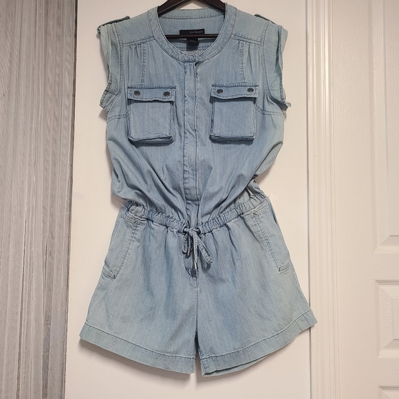 CALVIN KLEIN JEANS Sleeveless Denim Romper w Pockets & Drawstring Waistline - Picture 2 of 16